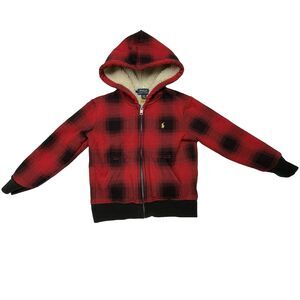 Polo Ralph Lauren Buffalo Red Plaid Jacket Fleece Hood Toddler Boys Size 4/4T